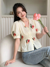 DAZY Embroidered V-Neck Short Puff Sleeve Waist-Hugging Women Blouse